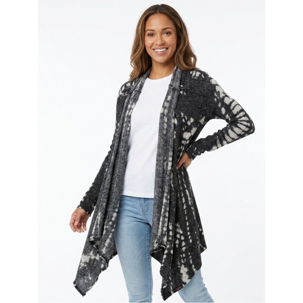 T Party Black Gray & White Tie Dye Draped Waterfall Cardigan Size Small